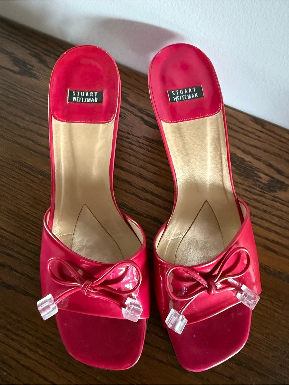 Stuart Weitzman Hot Pink Open-Toe Mule Heels with Bow - Picture 2 of 6